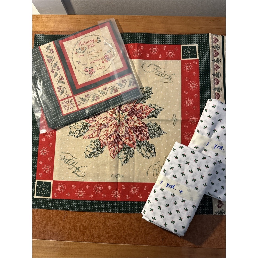 Vtg 4 Panels CHRISTMAS Cheater Cross Stitch Faye Liverman Burgos Fabric + 2 Yrds